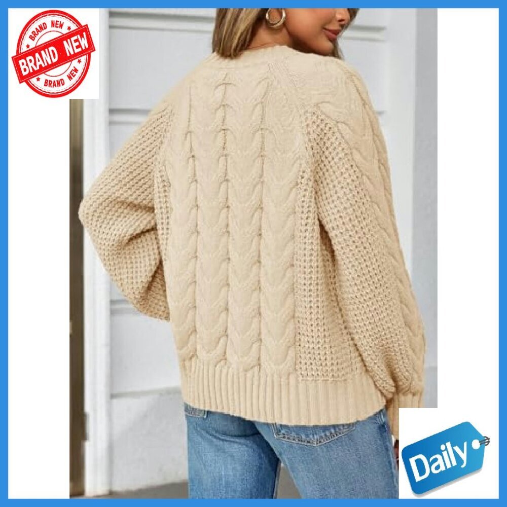 Cable Knit Cardigan Sweater Loose Fit Button Up Crew Neck Long Sleeve - Picture 6 of 8